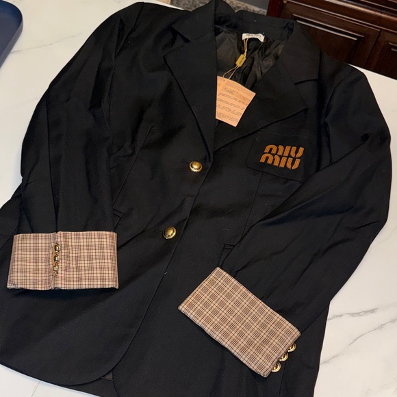 Miu Miu Black Blazer with Tan Plaid Cuffs - Picture 2 of 6